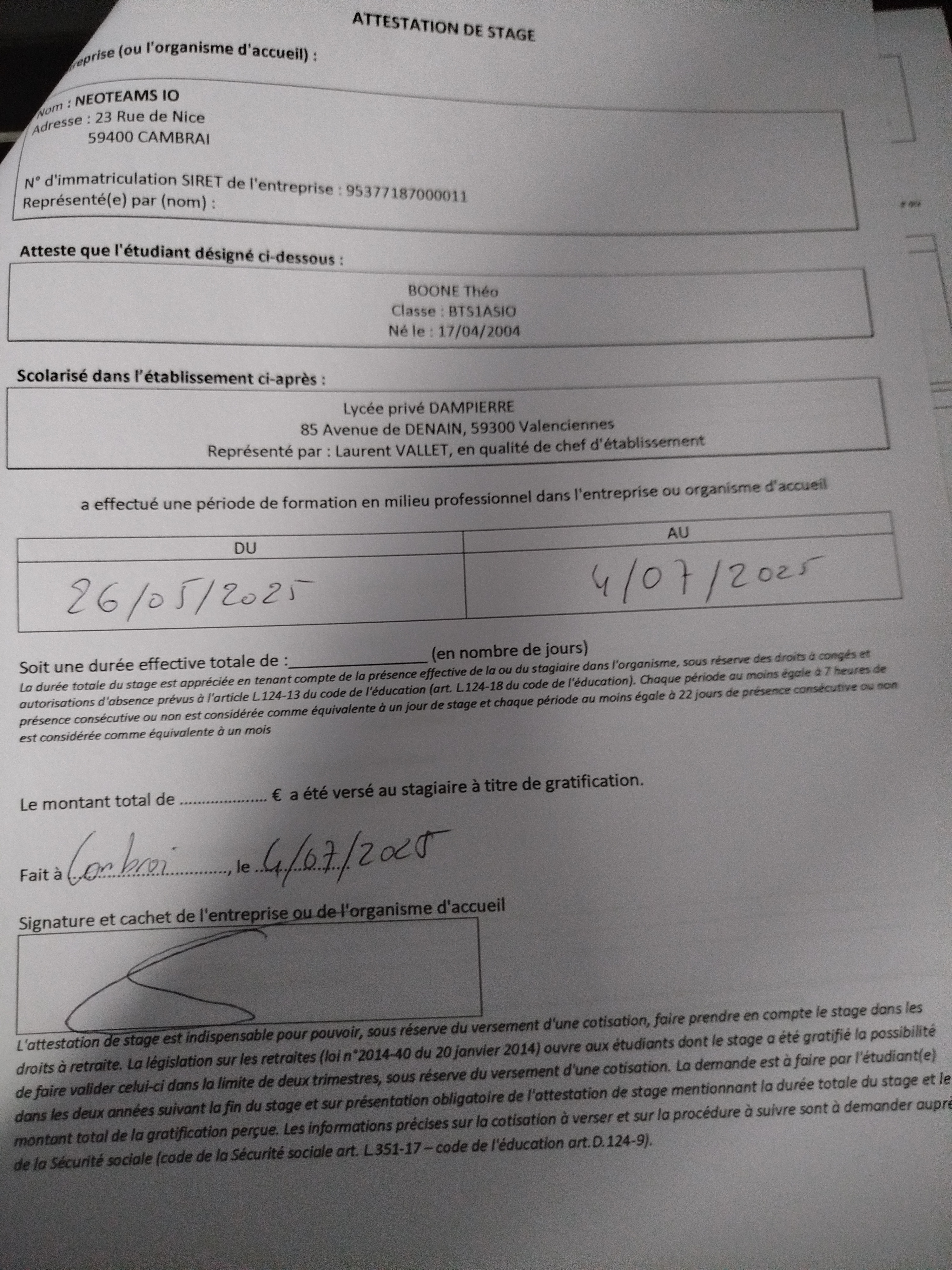 Attestation 1er stage